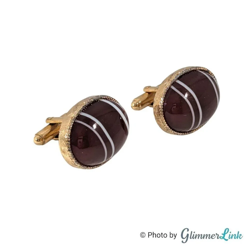 Vintage Dante Maroon Glass Cabochon White Stripe Gold Tone Cufflinks